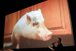 On a theater screen, a pink pig props himself up on his front legs. In the foreground is a man holding a microphone to his face. Because of the way both are facing each other, it looks like they are having a live conversation.