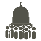 Advocacy icon: a cluster of simplified figures of different sizes gather around a representation of the state Capitol Building.