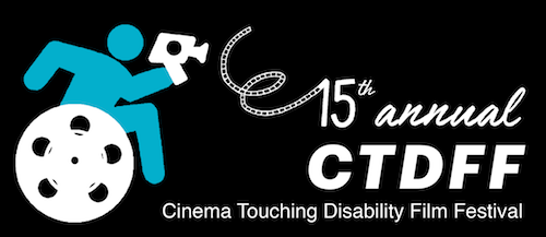 Handiman with video camera in a wheelchair with a film reel as a wheel. Text 15th annual CTDFF 