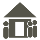 Housing icon. Three simplified figures hover in front of a house.