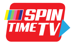SpinTimeTV logo. The words Spin Time TV appear on a red square which slants forward as though in motion. A bar of colors hangs off the left end of the square and a blue arrow pointing to the right is at the other end.