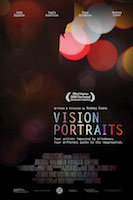 VISION PORTRAITS poster: Low lit close up of a downcast face in profile, with bright, colorful circles of out of focus lights in the background.