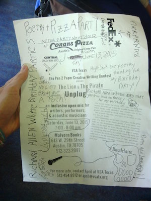 A hand holds a sheet of a photocopied flyer. The flyer is a messy collage of printed and handwritten info and drawings.