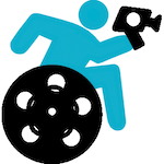 Icon of the 2018 Film Festival, a blue handiman holds up a camcorder and leans forward in his wheelchair, whose wheel is a film reel.