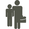 Employment icon. A simplified figure holds a brief case and another figure stands in the background.