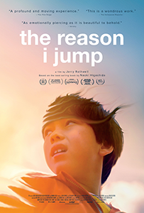 Film Poster for the reason i jump: film title and credits over an image of a young boy looking over his shoulder, hair swept back by the wind. Pastel colors suggesting a sunrise make up the background.