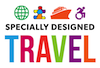 Specially Designed Travel logo. Icons of a globe, a multi-colored puzzle piece, a cruise ship, and the front-leaning handiman sit above the words specially designed travel.