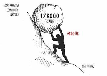 Sisyphus graphic. A human figure (labeled $8.00/hr) pushes a boulder (labeled 178,000 Texans) up a hill. The top of the hill reads Cost-effective community services and the bottom reads institutions. 
