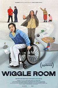Film Poster for Wiggle Room: illustration of a woman wheeling hurriedly through multiple figures: a man getting handcuffed, a woman beckoning with one arm next to a kneeling child, a man with long hair chasing after the woman in the wheelchair. Beneath the image is the film title and credits and Sundance laurels.